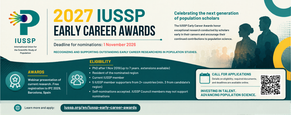 Call for Nominations: 2027 IUSSP Early Career Awards Nomination Deadline: 1 November 2026