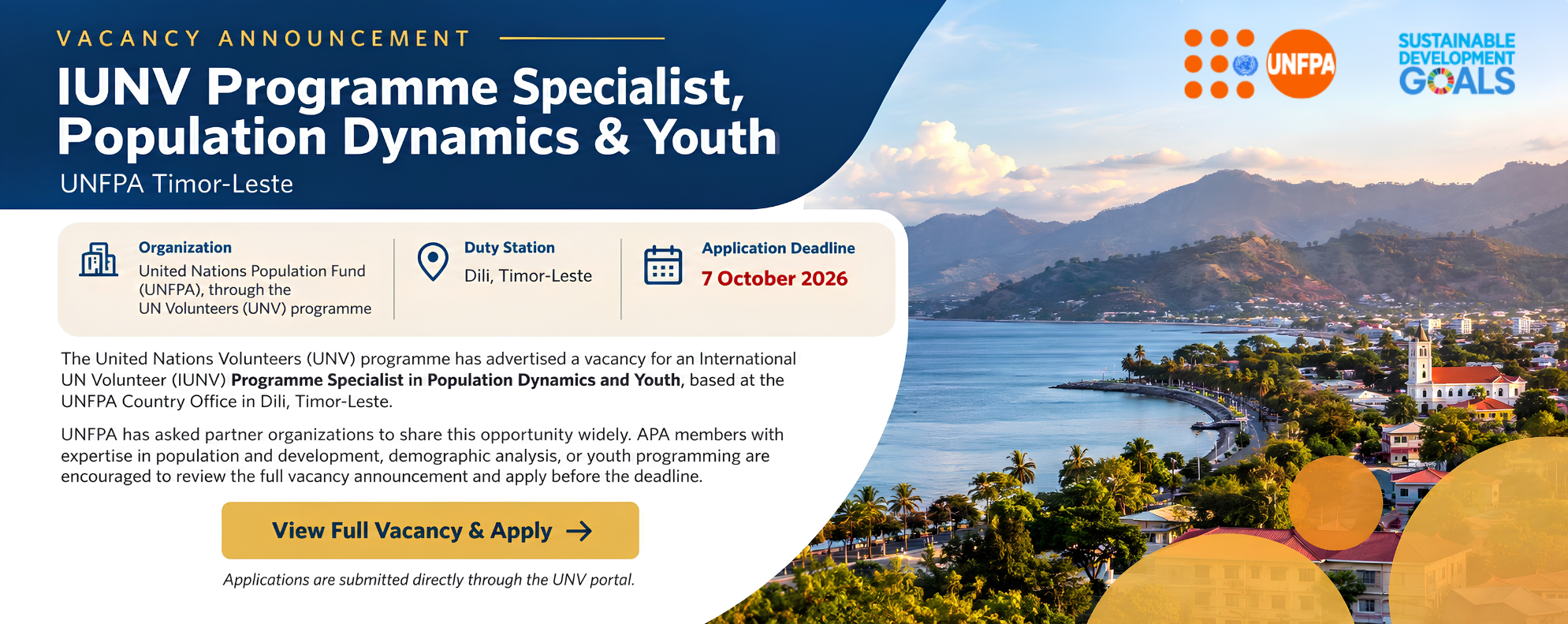 Vacancy Announcement IUNV Programme Specialist, Population Dynamics & Youth UNFPA Timor-Leste